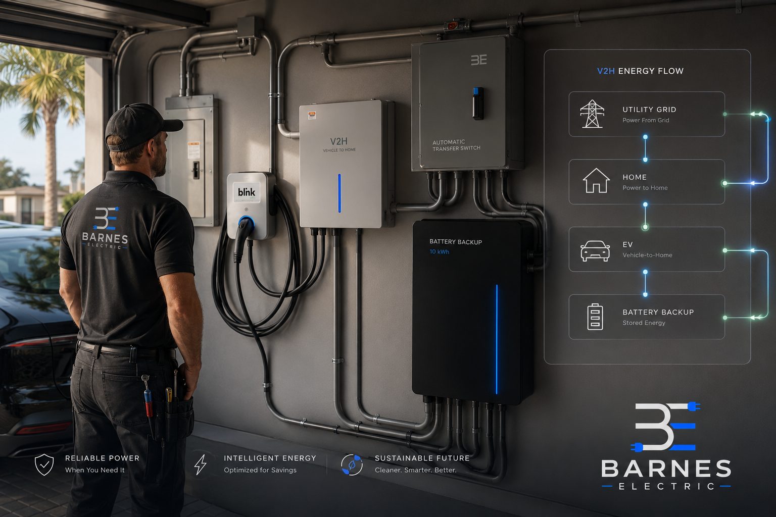Barnes Electric V2H energy system — EV charger, V2H, automatic transfer switch, battery backup with energy-flow diagram