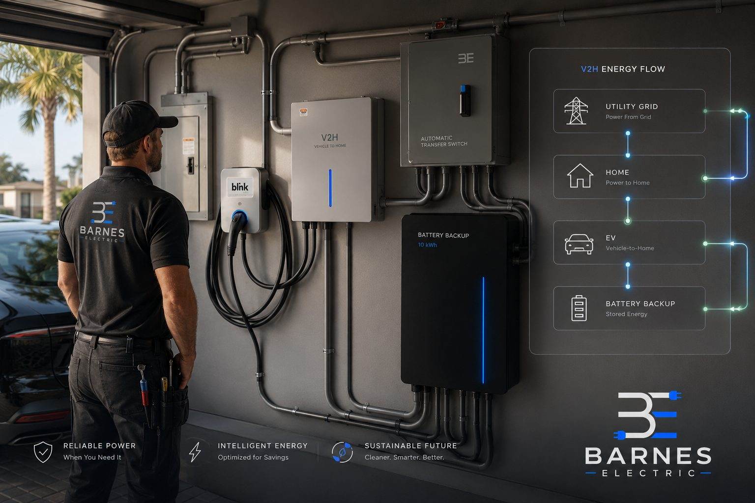 Barnes Electric V2H energy system — EV charger, V2H, automatic transfer switch, battery backup with energy-flow diagram